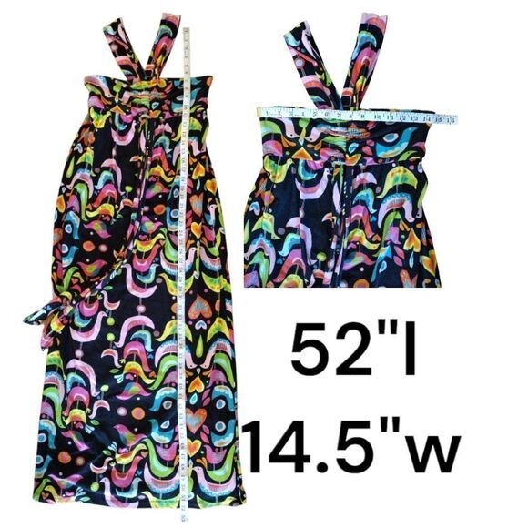 VTG 90s Black Colorful Birds Folk Art Print Sleeveless Halter Maxi Dress Small - Picture 17 of 17